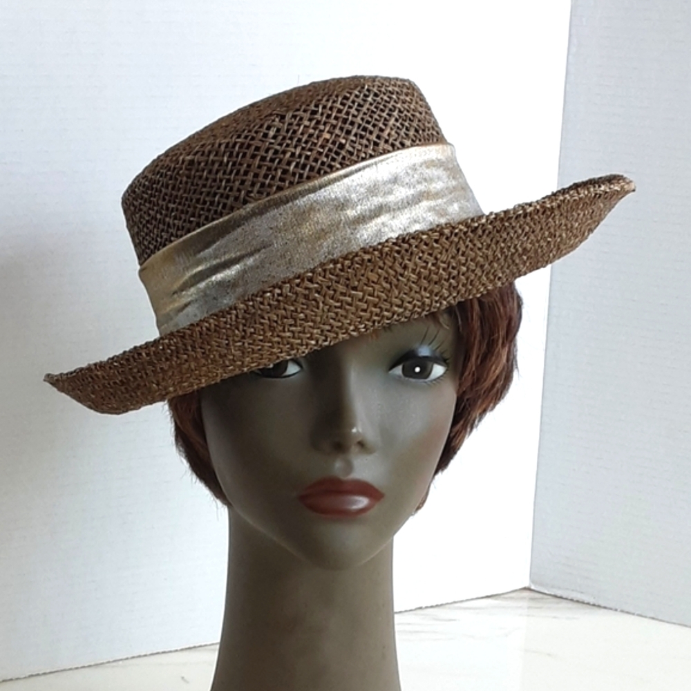 Taupe Open Weave Natural Rolled Straw Satin Gray Band Bow Sun Hat